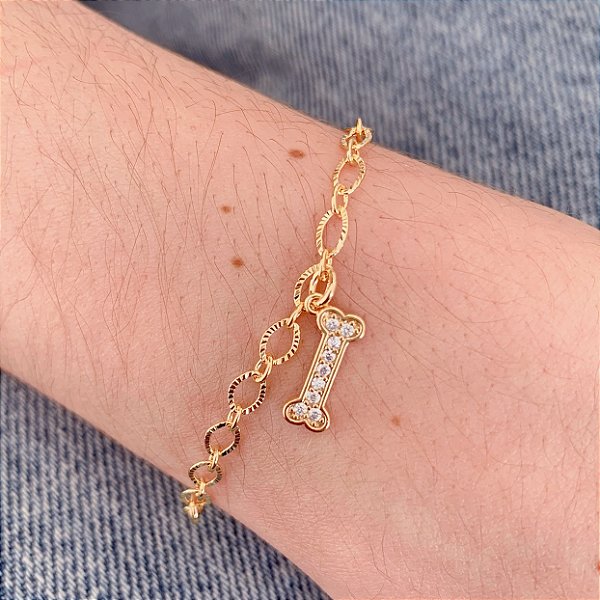 Pulseira Ossinho Cravejado - Banho de Ouro 18k