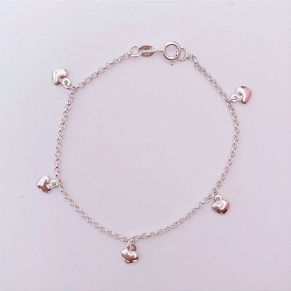Pulseira c/ 5 Pingentes de Coração 19cm - Prata 925