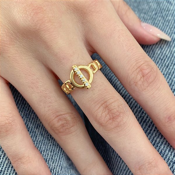 Anel Elos Grumet c/ Zirconias Aberto - Banho a Ouro 18k