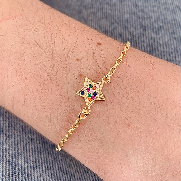 Pulseira Estrela Cravejada Colorida - Banho de Ouro 18k