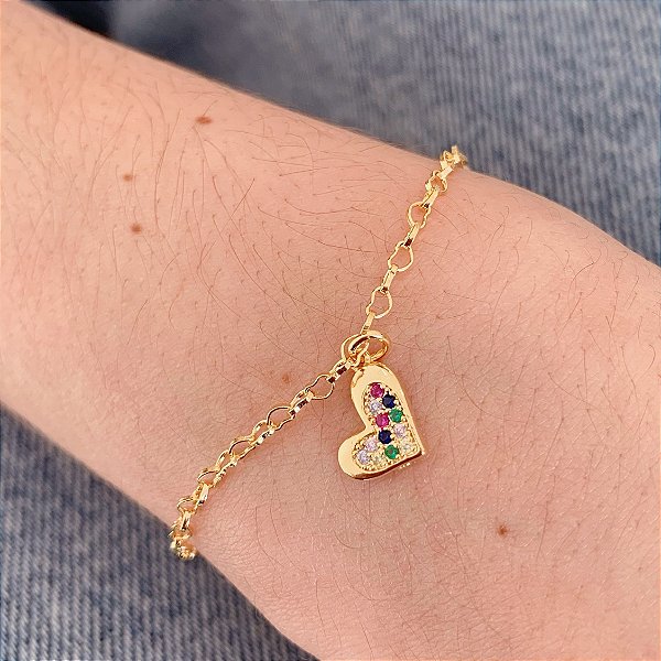 Pulseira Coração Cravejado Colorido c/ Elo mini Coração - Banho de Ouro 18k