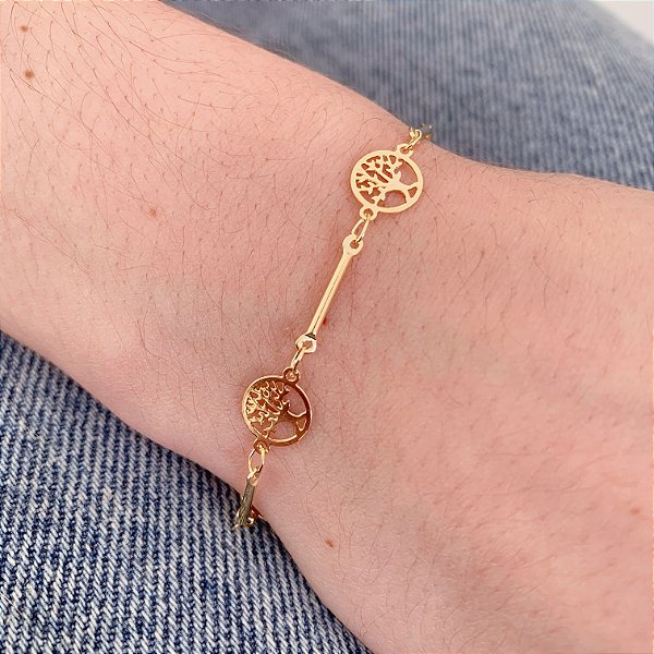 Pulseira Canutilho c/ Arvore da Vida Vazada - Banho de Ouro 18k