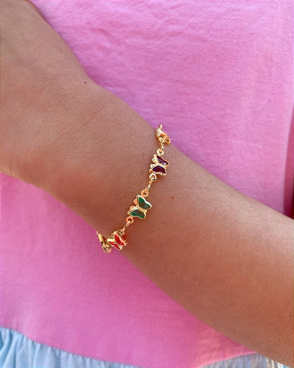 Pulseira Infantil Borboletas Coloridas - Banho de Ouro 18k