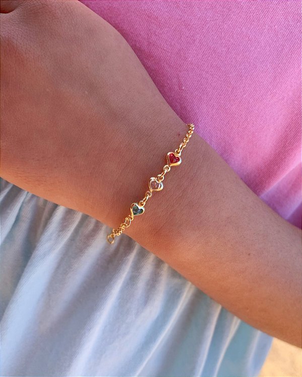 Pulseira Infantil Coração c/ Zirconia Colorida Elo Português - Banho de Ouro 18k