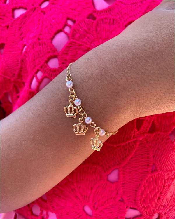 Pulseira Infantil Coroa + Perola - Banho de Ouro 18k