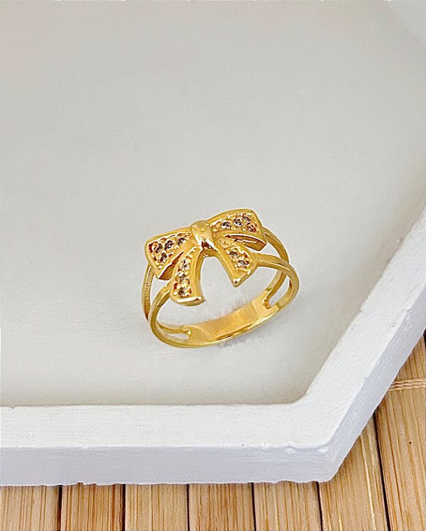 Anel Laço Cravejado - Banho a Ouro 18k