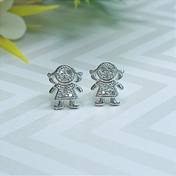 Brinco Menina Cravejada 1cm - Prata 925