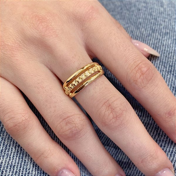 Anel 3 Linhas c/ Meio Trabalhado - Banho a Ouro 18k