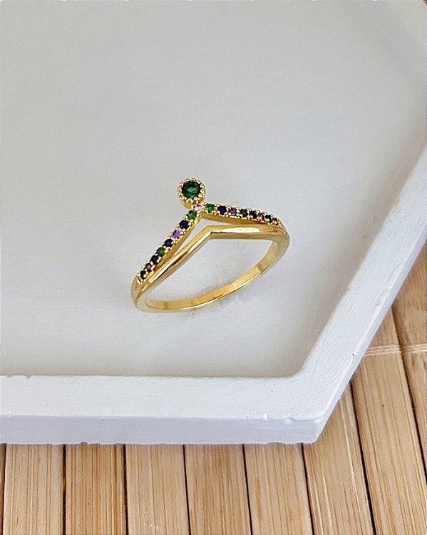 Anel Princesa c/ Zircônia Colorida - Banho a Ouro 18k