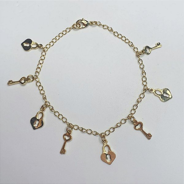Pulseira Cadeado Coração + Chave 19cm - Banho de Ouro 18k