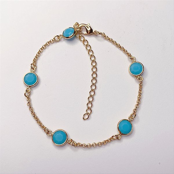 Pulseira 5 Pingentes Azuis c/ Elo Português 22cm - Banho de Ouro 18k