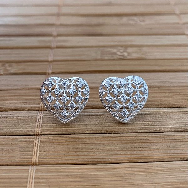 Brinco Coração Xadrez Cravejado - Prata 925