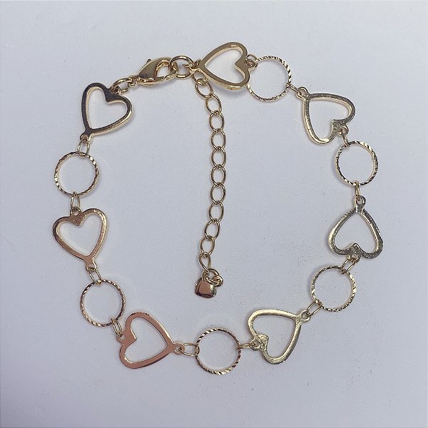 Pulseira Coração + Circulo Vazados 21cm - Banho de Ouro 18k