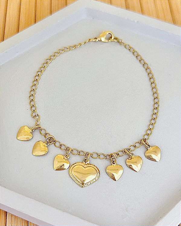 Pulseira 7 Corações 18,5cm - Banho de Ouro 18k
