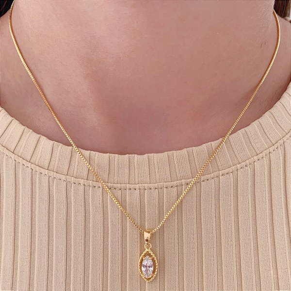 Colar Navete c/ Zirconia Incolor - Banho de Ouro 18k