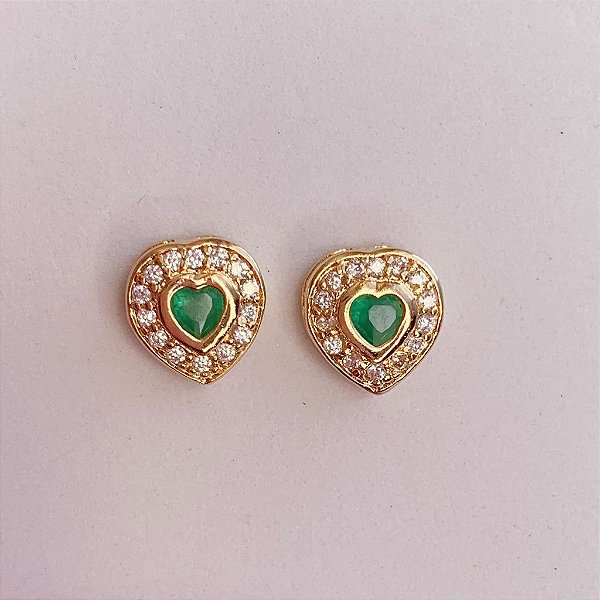 Brinco Coração Cravejado + Pedra Colors - Banho de Ouro 18k