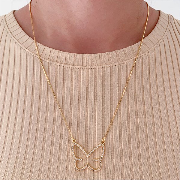 Colar Borboleta Vazada Cravejada 45cm - Banho de Ouro 18k