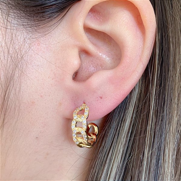 Brinco Argola Corrente Cravejada - Banho de Ouro 18k