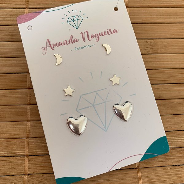 Brinco Trio Lua, Estrela e Coração Medio - Prata 925