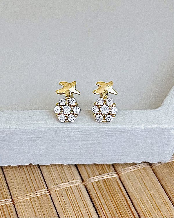 Brinco Estrela c/ Florzinha de Zirconia Incolor - Banho de Ouro 18k