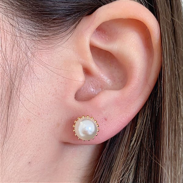 Brinco Perola Media c/ Chatão - Banho de Ouro 18k