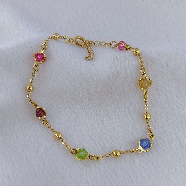 Pulseira Cristais Colors c/ bolinhas - Banho de Ouro 18k