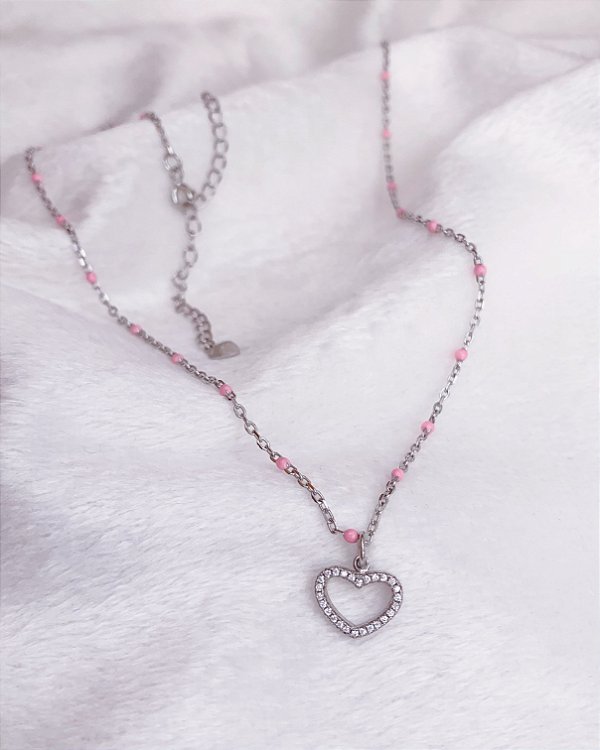 Colar Coração Cravejado + Resina Rosa - Prata 925