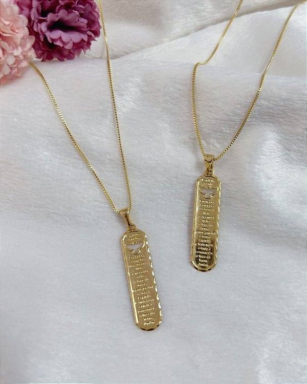 Colar Plaquinha Oração Espirito Santo 3,5cm x 0,9cm - Banho de Ouro 18k