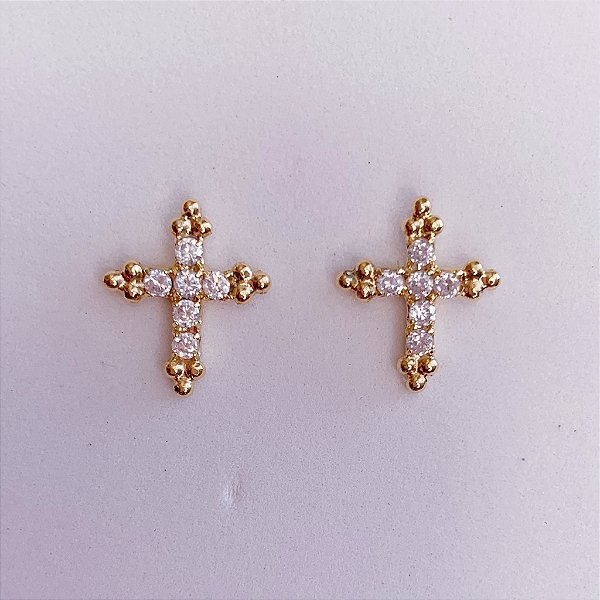 Brinco Cruz Cravejada c/ Bolinha 1,4cm x 1,2cm - Banho de Ouro 18k