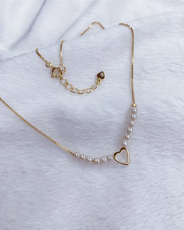 Colar Infantil Perolas e Coração Vazado 36cm - Banho de Ouro 18k