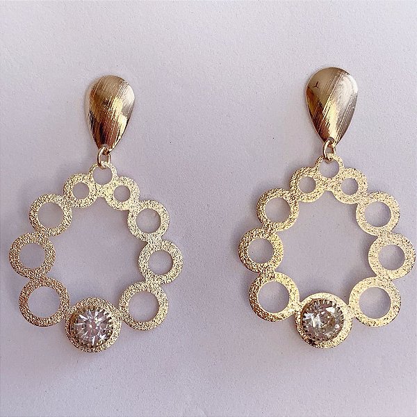 Brinco Circulos Grande c/ 1 Zircônia - Banho de Ouro 18k