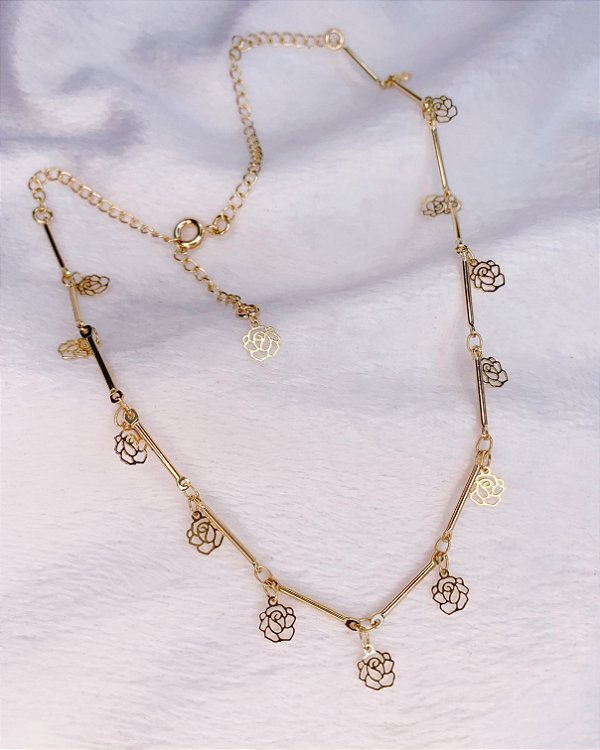 Colar Chocker Canutilho c/ Rosinhas 40cm - Banho de Ouro 18k