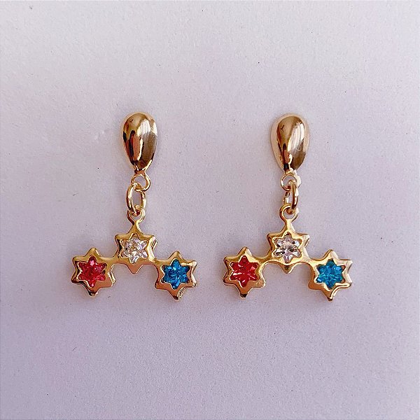 Brinco 3 Estrelas Colors - Banho de Ouro 18k
