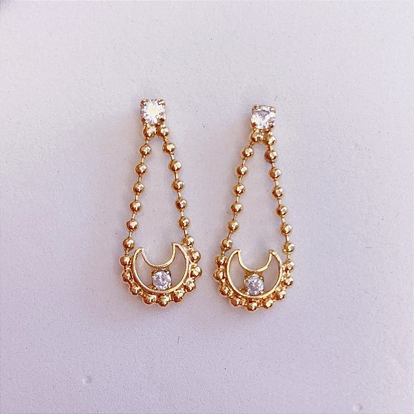 Brinco Meia Lua c/ Corrente - Banho de Ouro 18k