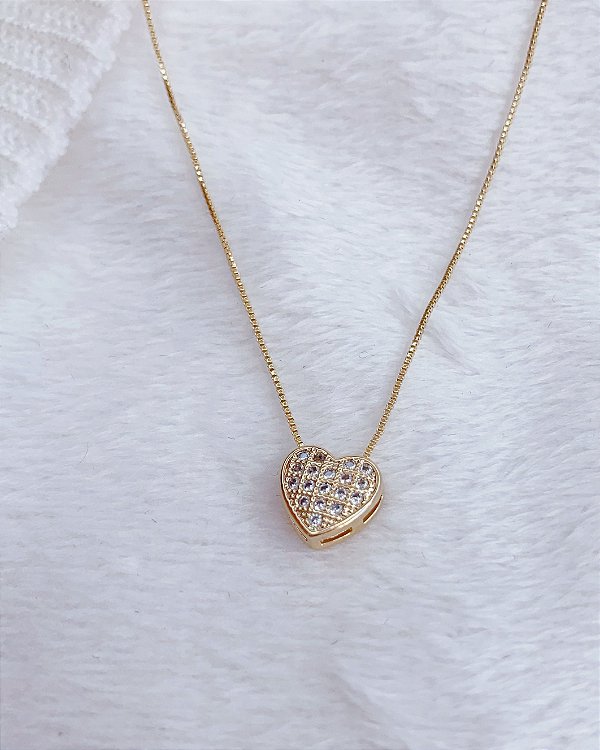 Colar Coração Cravejado 40cm + 10cm extensor - Banho de Ouro 18k