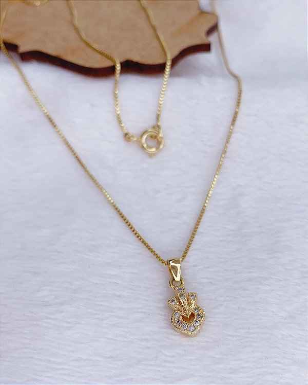 Colar Coração/Coroa Cravejado 45cm - Banho de Ouro 18k