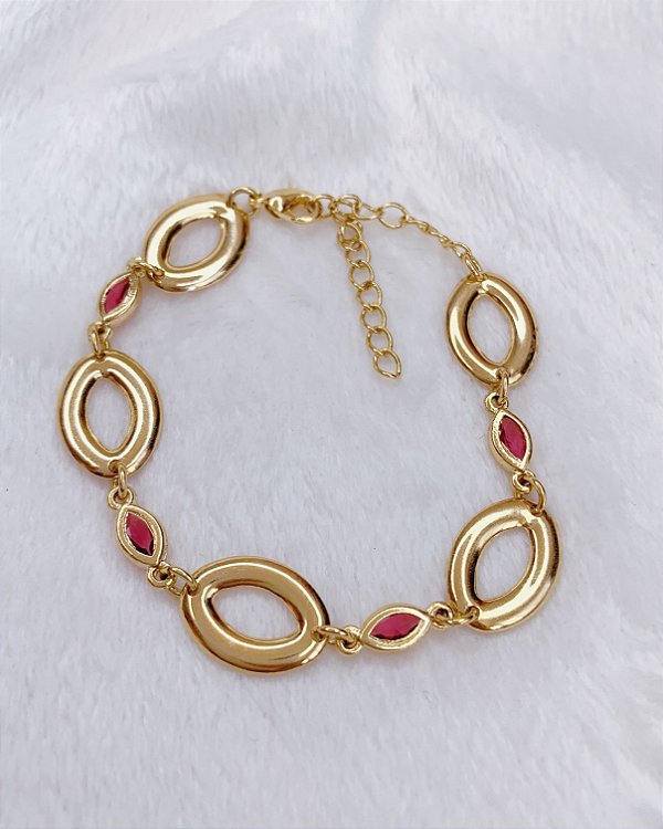 Pulseira Circulos Ovais Vazados + Zirconias Pink 19cm - Banho de Ouro 18k