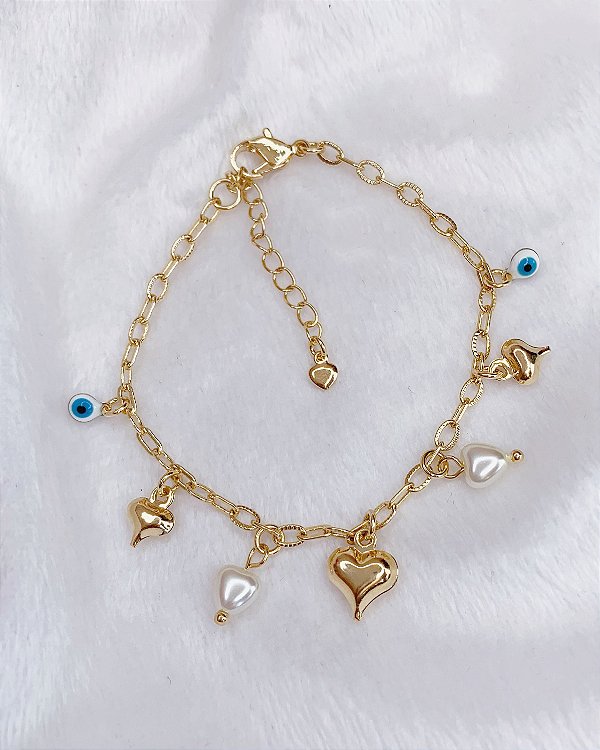 Pulseira Corações, Perolas e Olho Grego 20cm - Banho de Ouro 18k