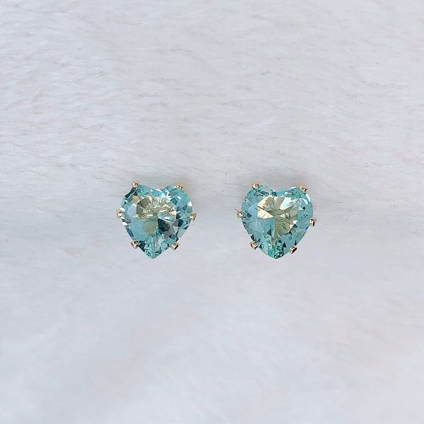 Brinco Coração Zirconia Azul Claro 6mm - Banho de Ouro 18k
