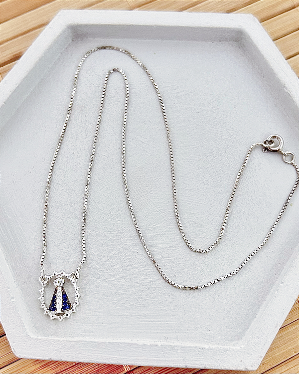 Colar Mandala Nossa Senhora com Zircônias Azul 45cm - Prata 925