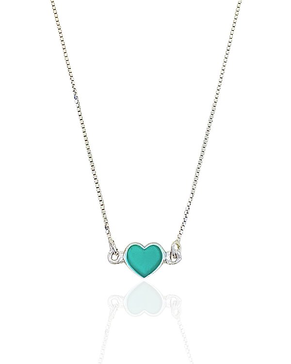 Colar Chocker Coração Resina Verde Agua 40cm - Prata 925