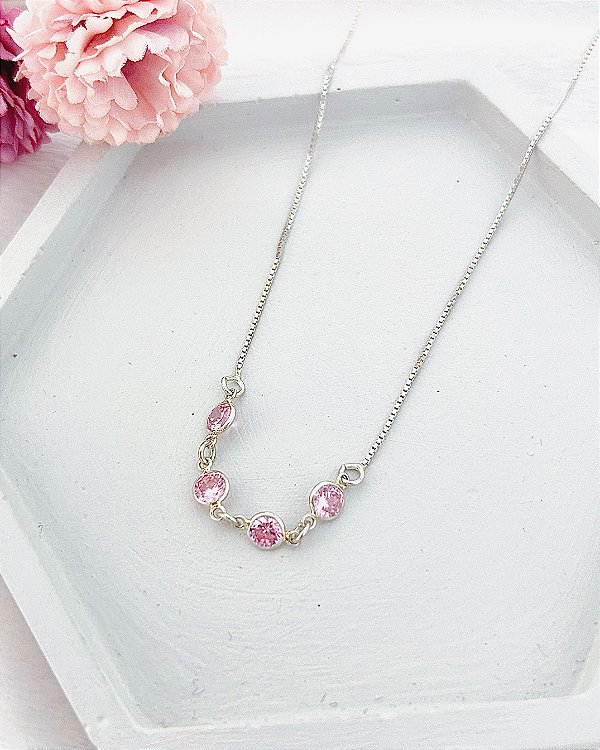Colar 4 Zirconias Rosa 45cm - Prata 925