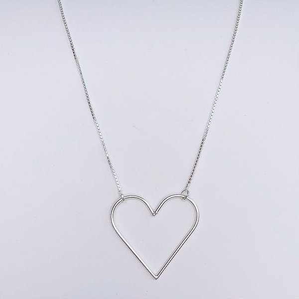 Colar Coração Grande Vazado Fino 45cm - Prata 925