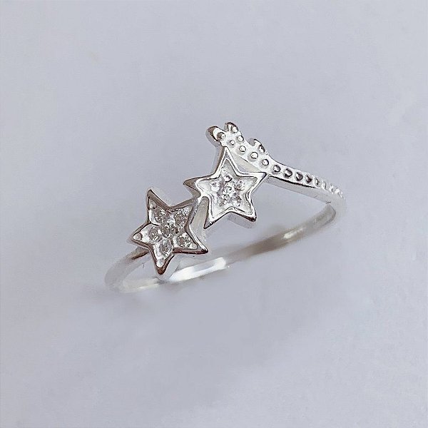 Anel 2 Estrelas Cravejadas - Prata 925