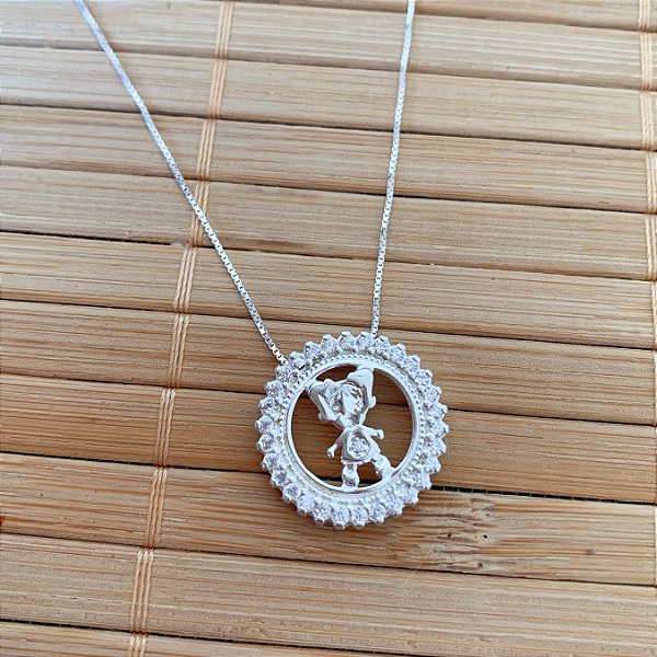 Colar Menina Mandala Cravejada Veneziana 45cm (Pingente 1,9cm) - Prata 925