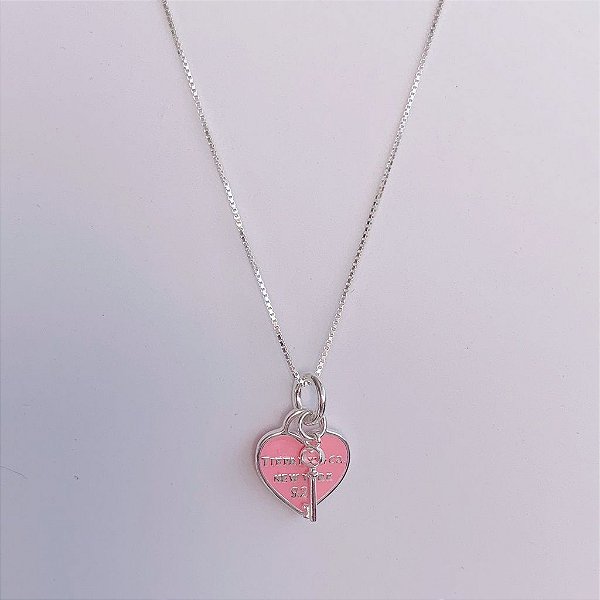 Colar Replica Coração Rosa com chave - Prata 925