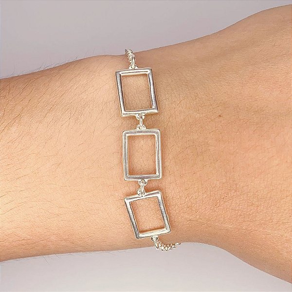 Pulseira 3 Retangulos Elo Portugues 22cm - Prata 925