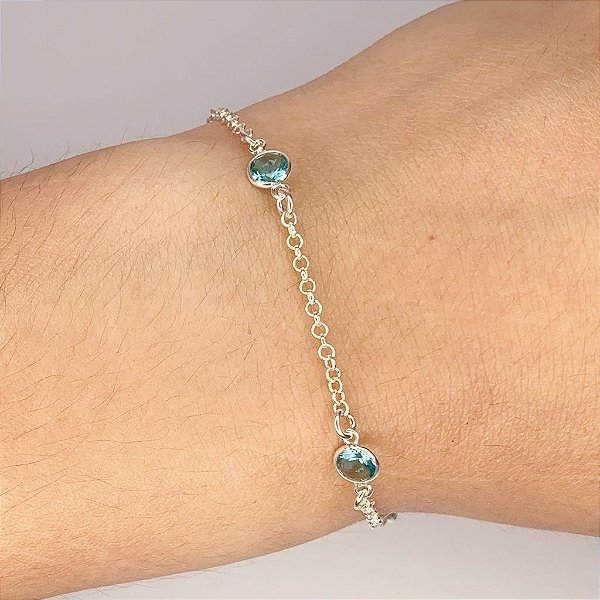 Pulseira Elo Portugues 4 zirconias azul 1x1 18cm - Prata 925