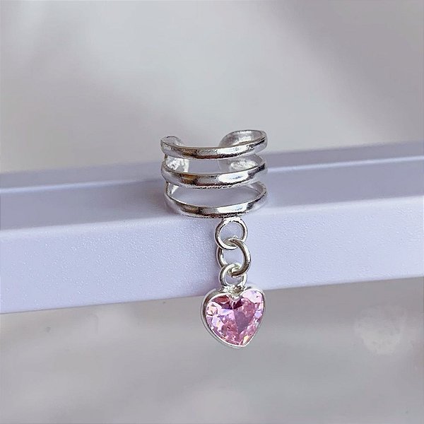 Brinco Piercing Fake c/ Pingente Coração Rosa UNIDADE - Prata 925