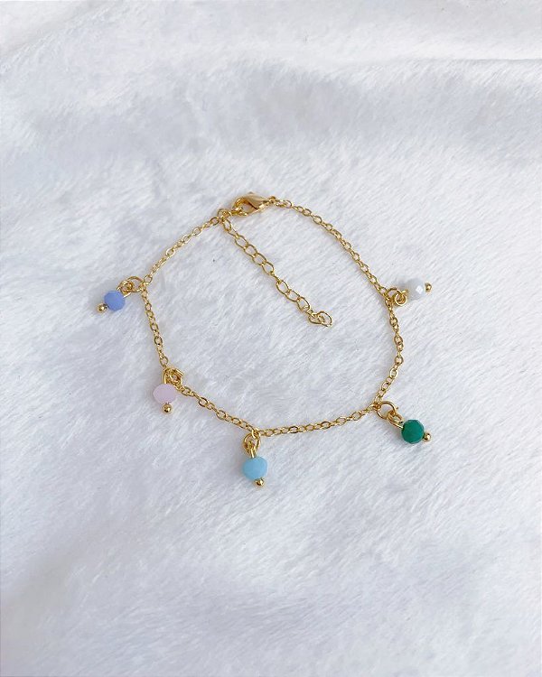 Pulseira Elo Portugues c/ 5 Cristais Pendurados 20cm - Banho de Ouro 18k